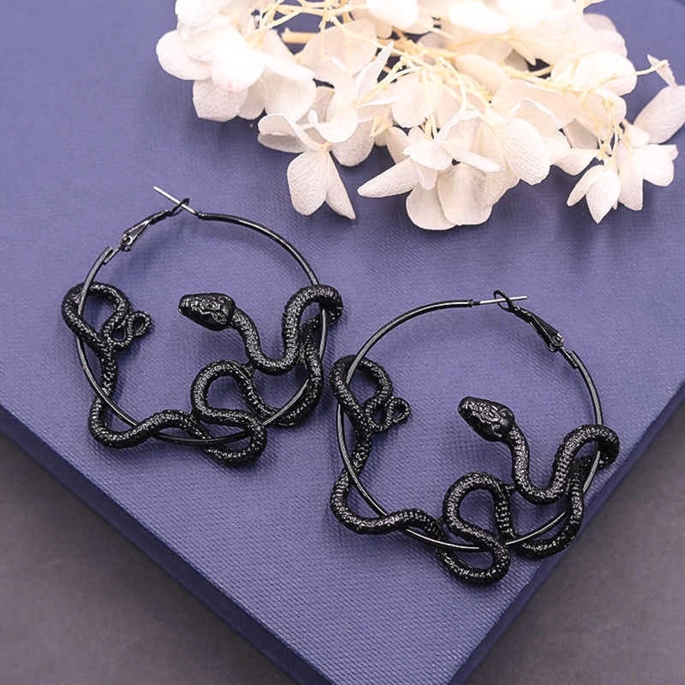 Black Coiled Serpent Hoop Earrings
